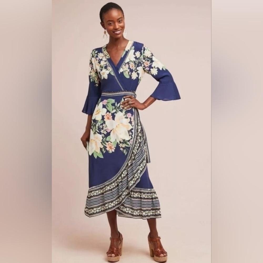 FARM Rio Navy Floral Wrap Midi Dress with Cream & Green Accents